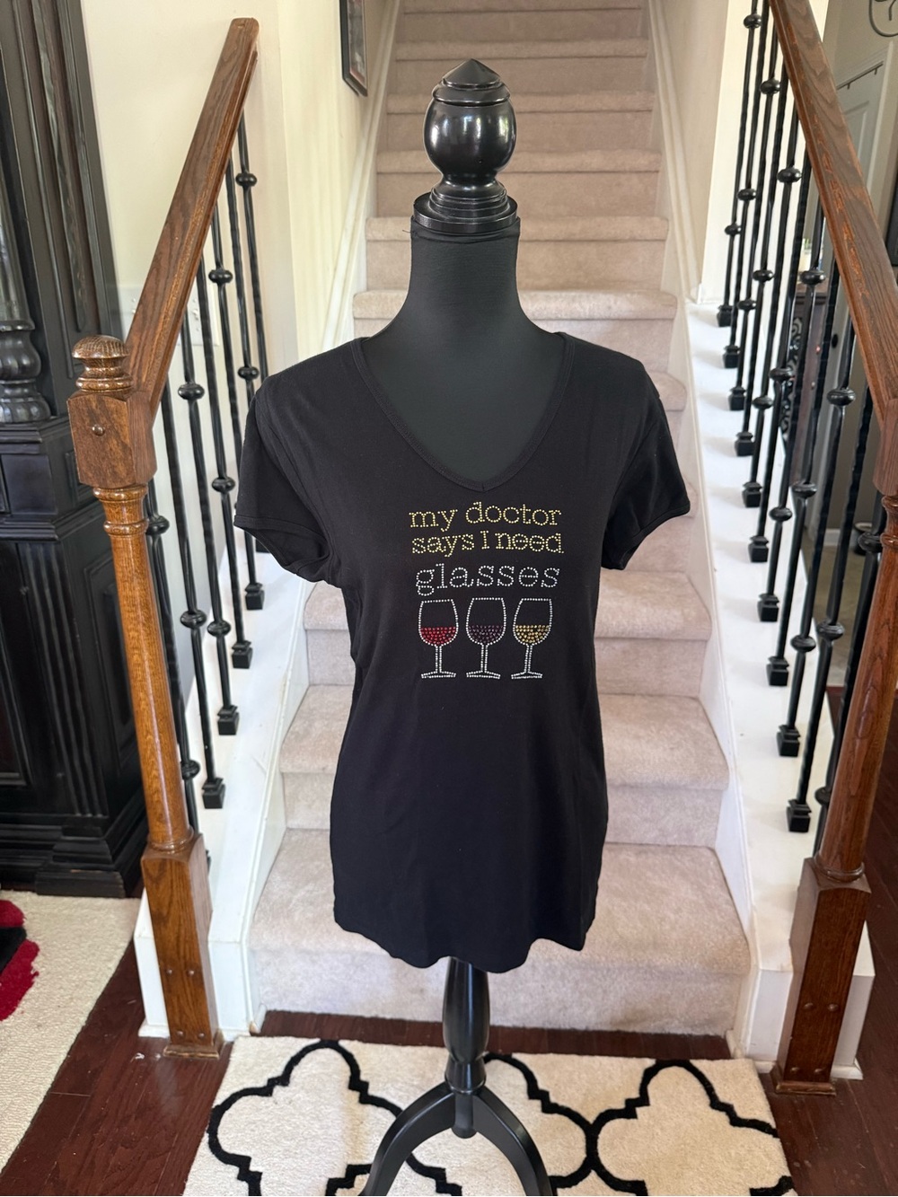 Black V-Neck Rhinestone Graphic Tee with Wine Glasses